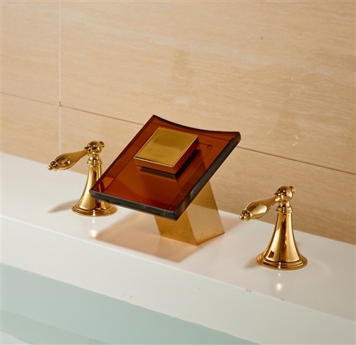 LED Color Glass Spout Bathroom Sink Faucet Widespread Mixer Tap Gold Finish